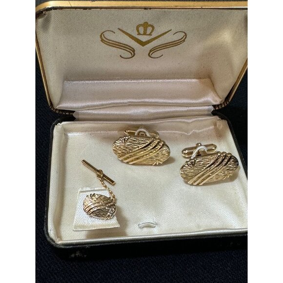 Vintage Gold-Plated Cufflinks & Tie Tack Set In Original Case - Picture 1 of 7